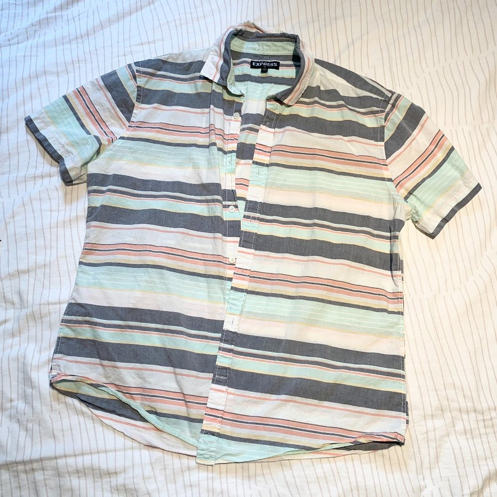 Express Men's Colourful Striped Short Sleeve Collared Shirt Large
